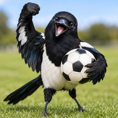 Celebrating magpie mascot with a football
